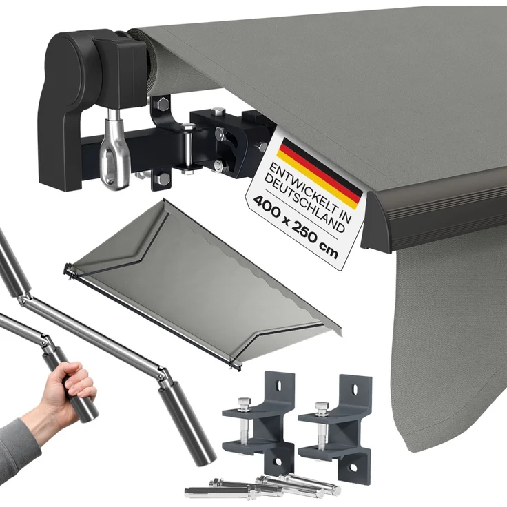STEELSØN 'Kestria' Gelenkarmmarkise 400x250 cm, grau, wetterfest und blickdicht, Markise mit Aluminium-Kassette und Wandhalterung, Balkonmarkise mit Handkurbel – Bild 1