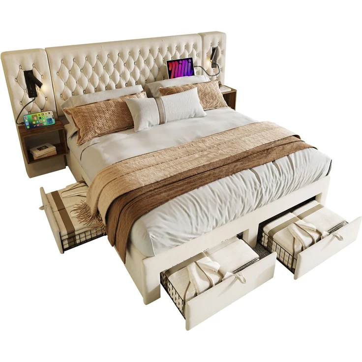 Bettanlage 180x200 cm mit 2 Nachttischen, 4 Schubladen, Leselampen und USB-/Type-C-Ladestation – Beige – Bild 8