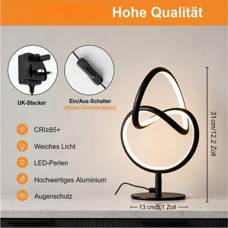 BlingBin LED Tischleuchte Moderne LED Tischlampe 19×19×31 cm,Warmweiß, Schwarz, Moderne, LED fest integriert, Tageslichtweiß, mit Ein/Aus-Schalter, EU-Stecker, für Wohn- & Schlafzimmer – Bild 3