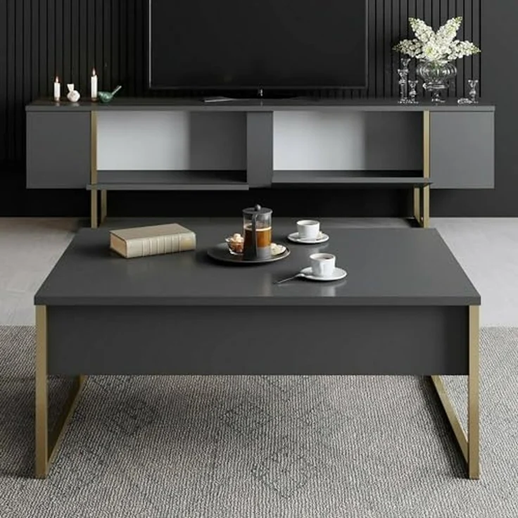 Dmora - Fernsehschrank Centaurus, Ständer für Wohnzimmerfernseher, Niedriges Wohnzimmer-Sideboard, TV-Ständerbasis, 180x30h50 cm, Anthrazit und Gold – Bild 5