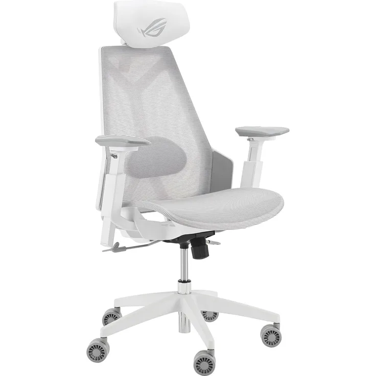 ASUS ROG Destrier Ergo Core White Gaming Stuhl (ergonomischer Gaming Chair, 360 Grad Armstützen mit bis zu 14cm Höhe für Mobile Gaming, Nylonrahmen, Mesh, Lendenwirbelstütze und Kopfstütze, Weiß)