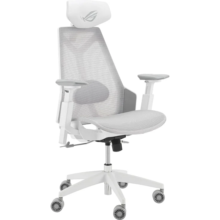 ASUS ROG Destrier Ergo Core White Gaming Stuhl (ergonomischer Gaming Chair, 360 Grad Armstützen mit bis zu 14cm Höhe für Mobile Gaming, Nylonrahmen, Mesh, Lendenwirbelstütze und Kopfstütze, Weiß) – Bild 1