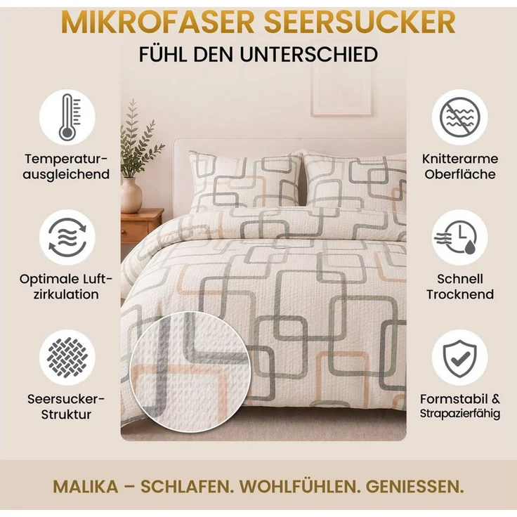 Malika Bettwäsche aus 100 % Mikrofaser, 1x 135x200 + 1x 80x80 cm, Seersucker, Boxen, Seersucker, 2 teilig, Für Allergiker geeignet, pflegeleicht, angenehm weicher Stoff – Bild 3
