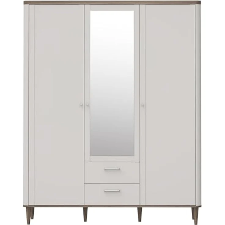 Forte LACETTI Kleiderschrank 160, eleganter Schrank mit Spiegel, 3-türig, 2 Schubladen, hohe Beine, Holzwerkstoff, Kaschmir-Beige-Valencia Eiche Holzdekor,159,8 cm breit x 200,5 cm hoch x 52,7 cm tief – Bild 3
