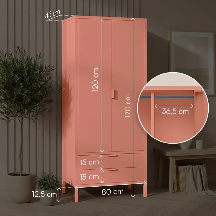 skølm 'Ituri' Kleiderschrank mit 2 Schubladen, Metall, 170x45x80 cm, terrakotta, Garderobe mit 4 Fächern und 2 Kleiderstangen – Bild 7