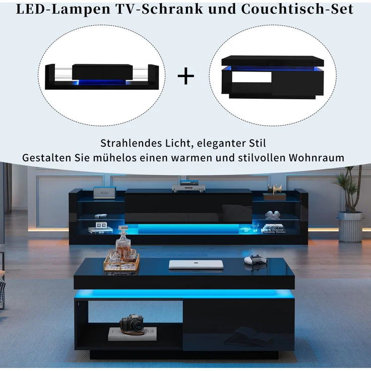 Hochglanz TV-Schrank 181cm & Couchtisch Schwarz LED Beleuchtung Wohnzimmermöbel modern elegant – Bild 5