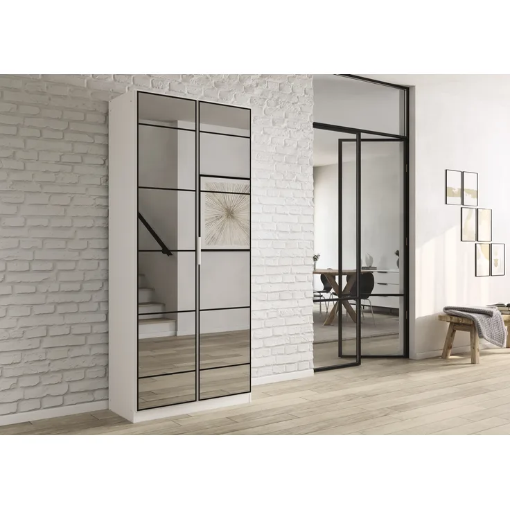 rauch Acero, Garderobenschrank in moderner Loft-Optik, 2-türig, 2 Glastüren, mit 4 Einlegeböden, Farbe Weiß, BxHxT 91x210x41cm