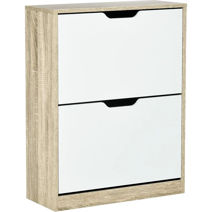 Platzsparender Schuhschrank „Slim“ mit 2 Schubladen für 8 Paar Schuhe, 62,5 x 26 x 81 cm, Holz und Weiß
