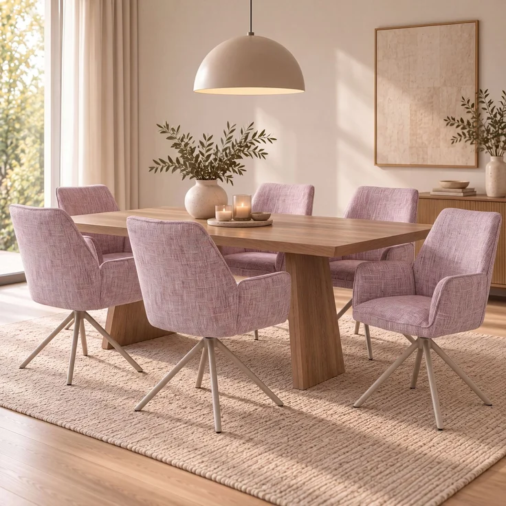 6er-Set Esszimmerstuhl HWC-G67, drehbar Auto-Position Metall Chenille (410g/m²) ~ Gestell creme, rosa – Bild 1