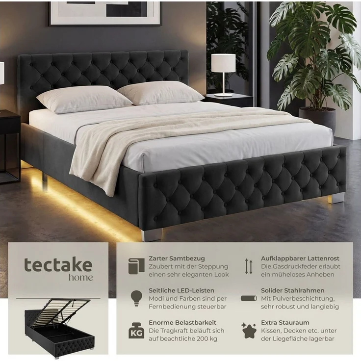 tectake Polsterbett Komfortbett mit LED-Leisten & Stauraum - Samtoptik mit Steppmuster (Bettset, in Samtoptik Schwarz), stabiler Stahlrahmen, Belastbarkeit 200 kg – Bild 1