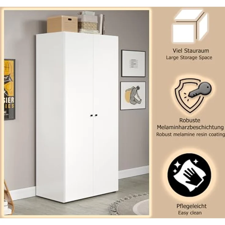 trendteam smart living - Basics - Kleiderschrank - Weiß - Garderobenschrank mit 2 Türen, 1 Hutablage und 1 Kleiderstange - (BxHxT) 81 x 176 x 51 cm - Moderner Stil – Bild 5