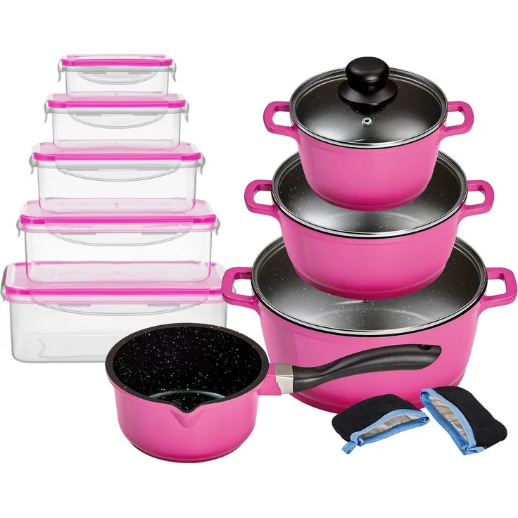 KING Topf-Set ALUGUSS, Aluminiumguss (Set, 19-tlg, je 1 Kochtopf 16/20/24 cm, 1 Stieltopf 16 cm, Vorratsdosen-Set, Grips), Glasdeckel, Keramikantihaftbeschichtung, Induktion