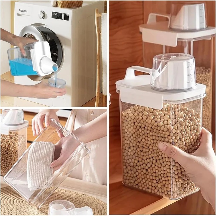 LEMLIT Aufbewahrungsbox 2 Stück 1800ML Luftdichter Waschmittelspender mit Messbecher (2 Stück, 2 St, 1800ML), Waschmittelbox Vorratsbehälter für Waschmittel Waschpulver – Bild 4
