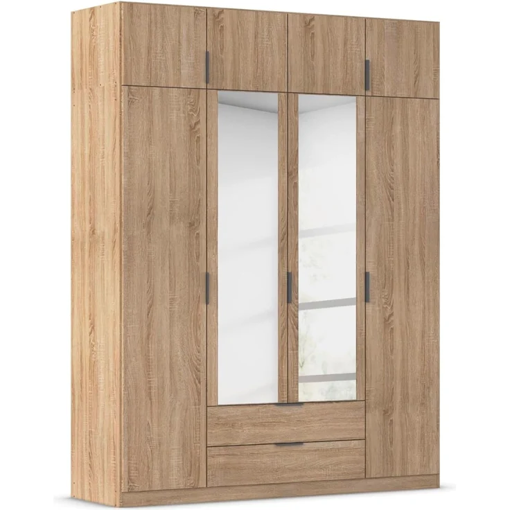 Rauch Möbel Lagoa, Kleiderschrank, Garderobe für Schlafzimmer, Kinderzimmer, Jugendzimmer 8-türig, mit Spiegel, 2 Schubladen, Farbe Eiche Sonoma, Holz, Breite 181 cm