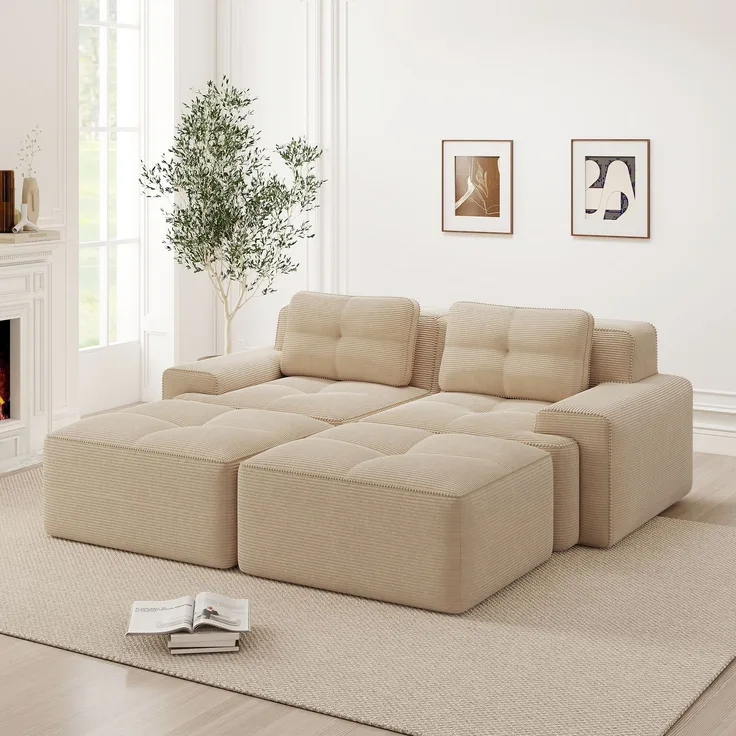 Cloud Modulsofa Boneless U-förmiges Sofa,bequemes Corduroy-Cloud-Sofa Modulares Sofa mit Ottoman Modulares Zweisitzer-Sofa 2-Sitzer Sofa mit Tiefem Sitz für Wohnzimmer Montagefreies Sofa,Corduroy,Beige,