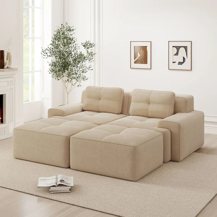 Cloud Modulsofa Boneless U-förmiges Sofa,bequemes Corduroy-Cloud-Sofa Modulares Sofa mit Ottoman Modulares Zweisitzer-Sofa 2-Sitzer Sofa mit Tiefem Sitz für Wohnzimmer Montagefreies Sofa,Corduroy,Beige, – Bild 1