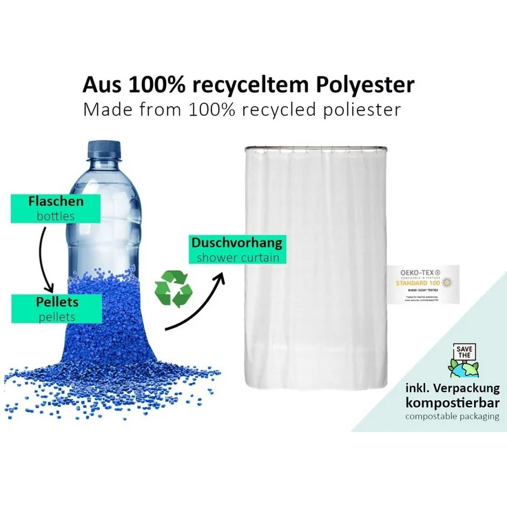 arteneur® - Japan - Anti-Schimmel Duschvorhang 120x200 - Recycelt mit Öko-Tex Standard 100 - Beschwerter Saum, Blickdicht, Wasserdicht, Waschbar, 8 Haken & E-Book – Bild 2