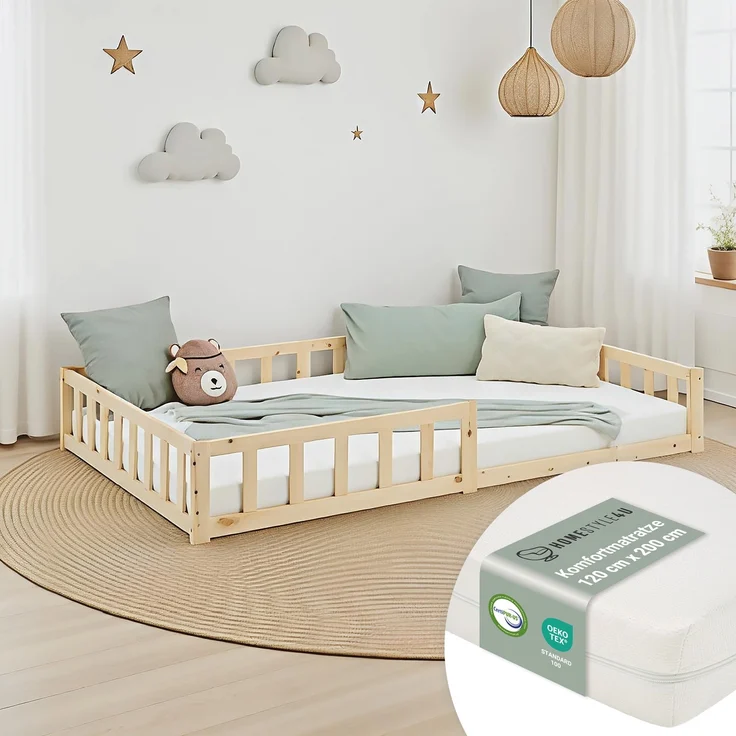 Kinderbett 120x200 mit Matratze Bodenbett mit Rausfallschutz Montessori Bett Kleinkindbett Holz Kiefer Natur Massiv Einzelbett Lattenrost – Bild 1