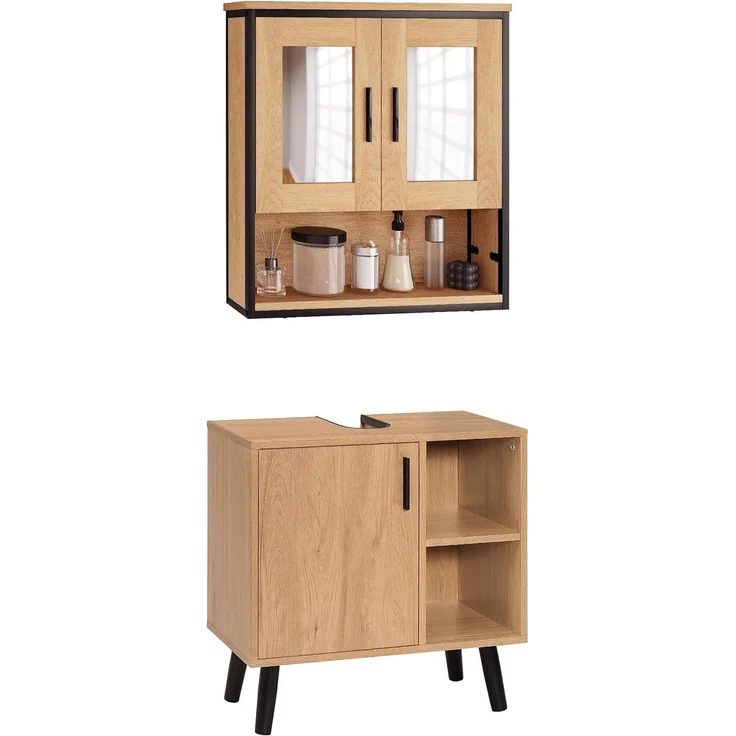 EUGAD Badmöbel-Set, (2-St), Unterschrank mit Tür und 2 offenen Ablagen, Badschrank mit 2 Spiegeln – Bild 1