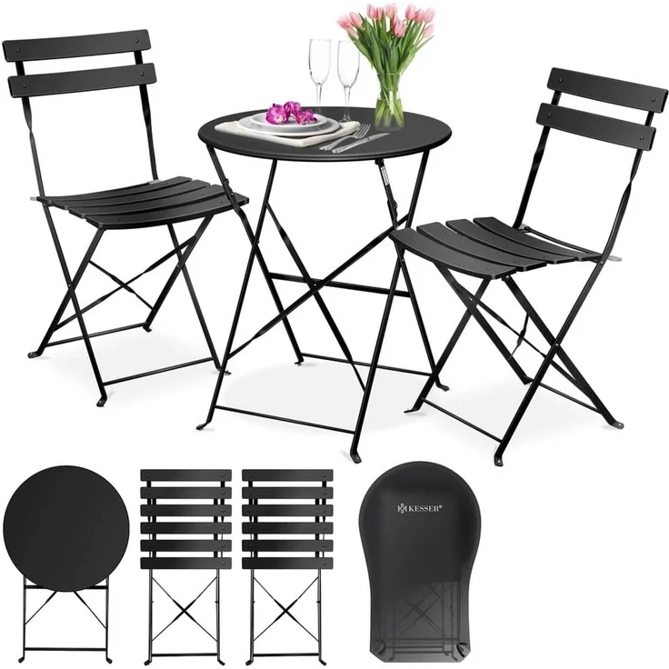 KESSER® Bistroset, 3-tlg, 2 klappbare Stühle, Gartentisch, inkl. Abdeckung, Metall Schwarz – Bild 1