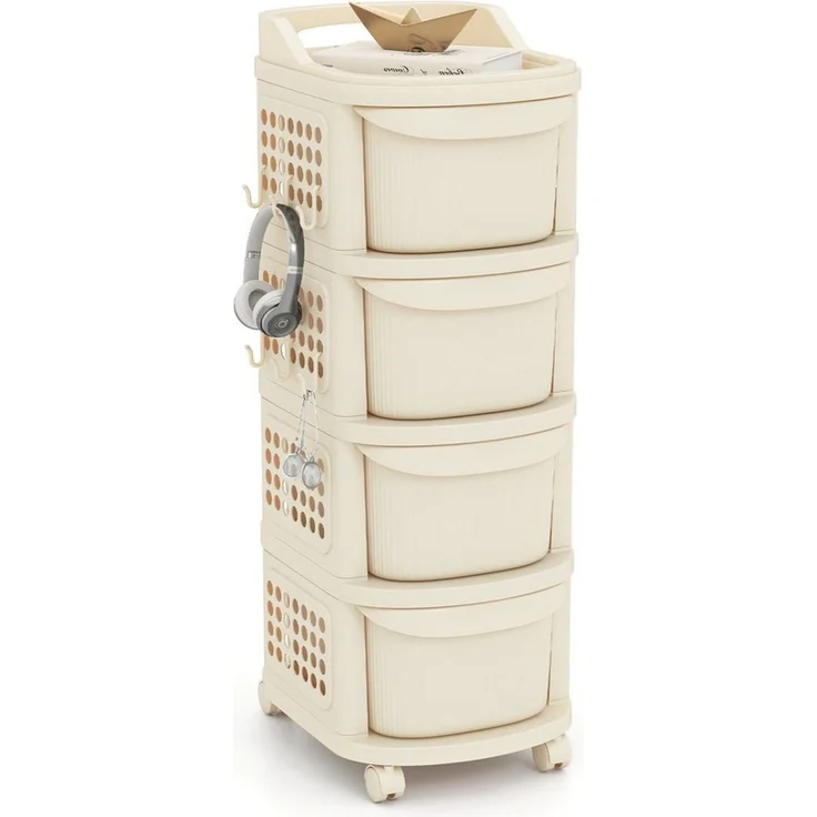 COSTWAY Rollwagen, Nischenschrank schmal auf Rollen 4 Schubladen Weiß – Bild 5