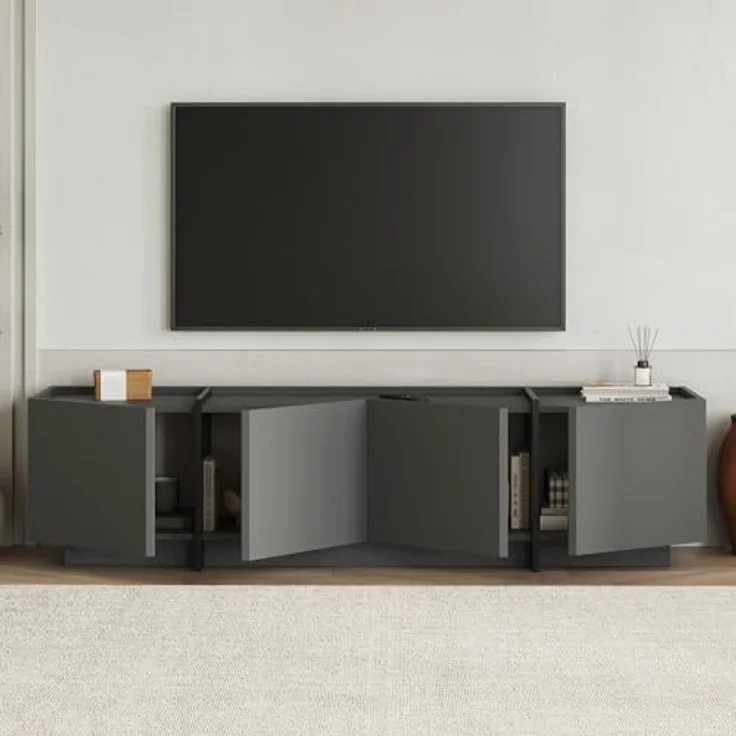 Modern TV Stand, Anthracite & Black, 180 x 46 x 35 cm | 100% Melamine Coated Particle Board, 18 mm Thick | Soft-Close Hinges, Stylish Design for Living Room & Entertainment Spaces – Bild 4