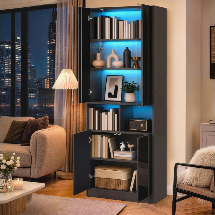DESVIAE Garderobenschrank Hochschrank Schwarz aus MDF/Spanplatte – 70x180x35 cm – LED-Beleuchtung, Acryl-Sichtfenster – Bild 5