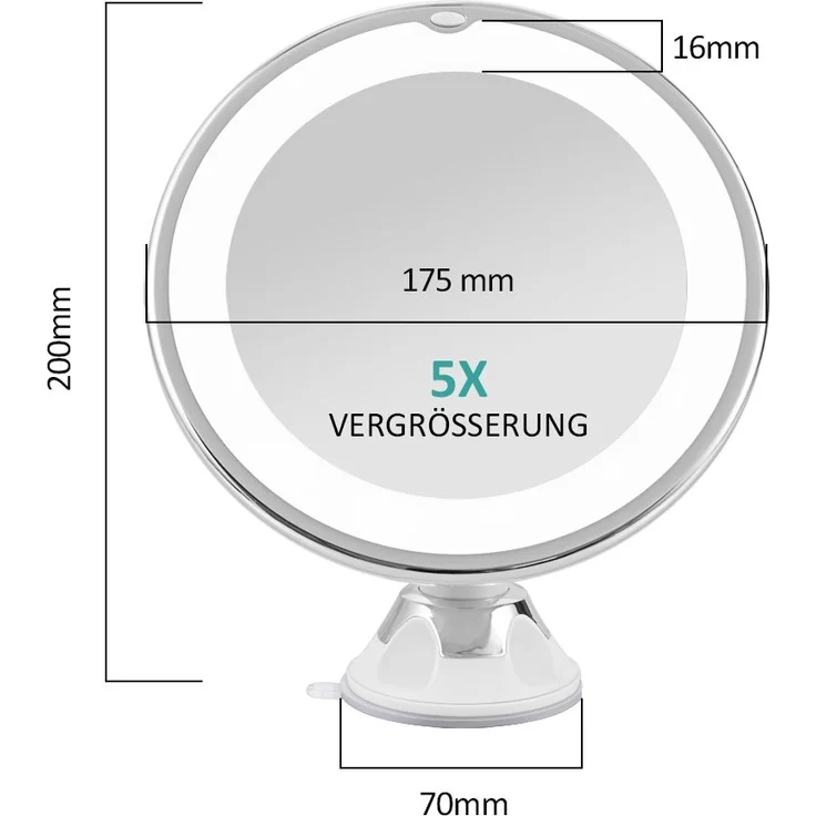 EMKE Kosmetikspiegel mit beleuchtung mit 5 fach Vergrößerungsspiegel, LED Schminkspiegel 360° Schwenkbar mit Saugnapf,175 mm Durchmesser Tragbarer Wandspiegel Batteriebetrieben（Weiß） – Bild 5