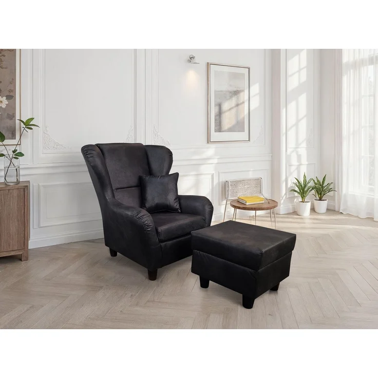Ohrensessel mit Hocker Landhaus Polster-TV-Lesesessel Lederoptik Vintage Schwarz – Bild 2