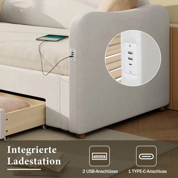 Schlafsofa mit Bettfunktion, Schubladen, Lattenrost, USB und Type-C, 90x200cm/180x200cm, Liegefläche erweiterbar, Polsterbett, Samt – Bild 5