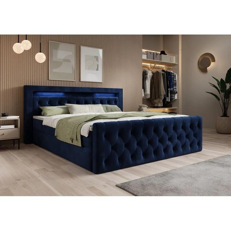 thematys Boxbett LED mit Bettkasten 160x200cm, mit Bonnellfederkernmatratze H3, Bouclé/Velours, mit Stauraum, mit 3 cm Topper, Blau (Velutto 11), Art.-Nr. S04JN0YR8S0 – Bild 3