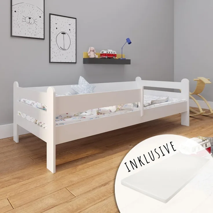 Kids Collective Kinderbett 80x160 80x180 90x200 mit Matratze, Rausfallschutz, & Lattenrost, in weiß Mädchen Jungen Bett Jugendbett 200x90 cm