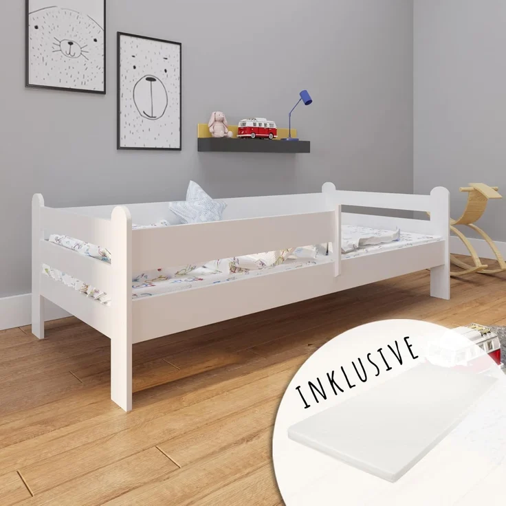 Kids Collective Kinderbett 80x160 80x180 90x200 mit Matratze, Rausfallschutz, & Lattenrost, in weiß Mädchen Jungen Bett Jugendbett 200x90 cm – Bild 1