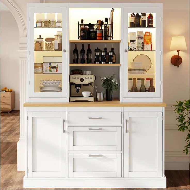 Celya Küchenbuffet Küchenschrank mit App-gesteuerter LED-Beleuchtung (140 x 40 x 185 cm, 3 Schubladen, Arbeitsplatte, verstellbare Böden) Passt als Küchenvorratsschrank, Kaffeebar oder Wohnzimmersideboard – Bild 1