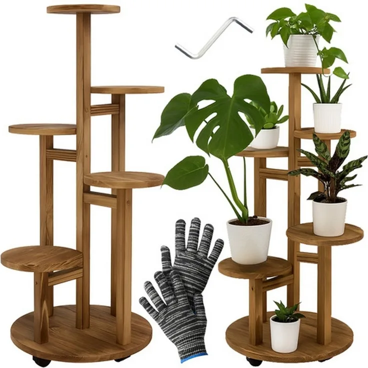 Ruhhy Blumenständer Pflanzenständer Holzständer (Spar-Set, 86 cm Naturholz), 6 Ebenen bieten Platz für bis zu 7 Töpfe