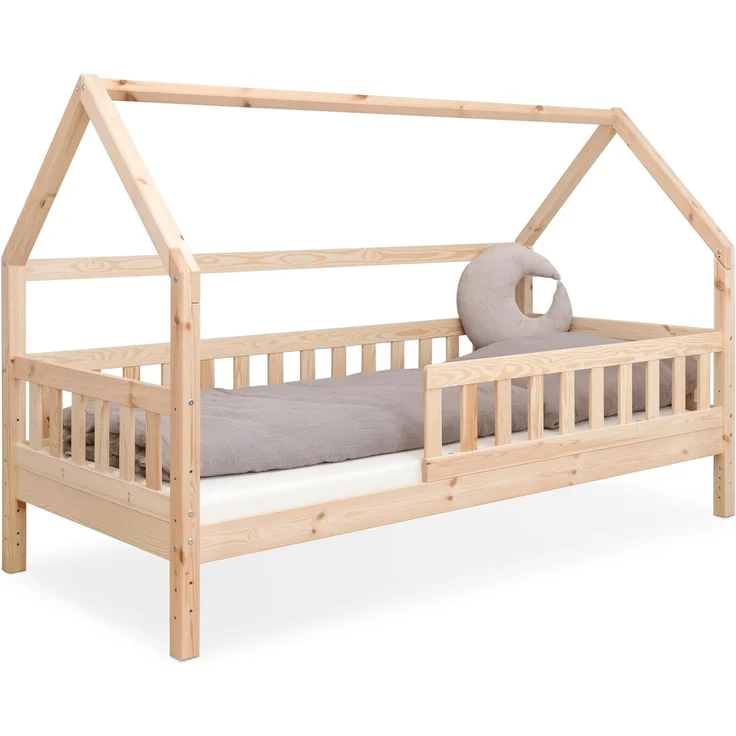 Ehrenkind® Hausbett | Kinderbett mit abnehmbaren Rausfallschutz aus Massivholz FSC zertifziert inkl. Lattenrost | Hausbett 90x200 | Kinderbett 90x200 Natur – Bild 1