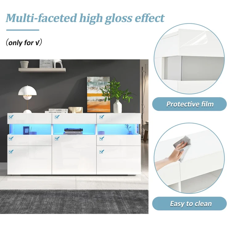 DESVIAE Sideboard mit LED-Beleuchtung, 140x66,5x40,5 cm, Spanplatte, Weiß, 3 Türen – Bild 4