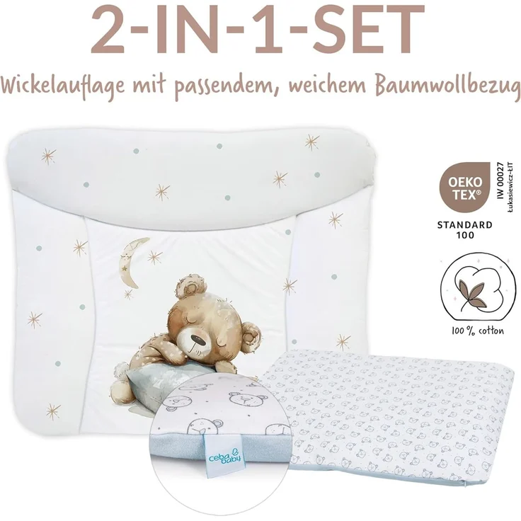Ceba Baby® Wickelauflage 75x72 cm – Weiche Baby Wickelunterlage - Wasserdicht, abwaschbar - inkl. abnehmbarem Baumwollbezug – Für Jungen und Mädchen – OEKO-TEX® Standard 100 – Made in EU – Bild 2