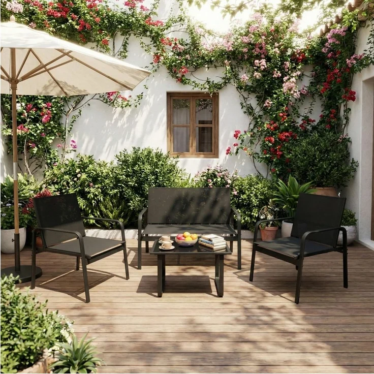 Mondeer Gartenmöbel Set, Balkon Möbel Set 4-TLG mit Armlehnen, Terrassenmöbel mit Tisch Sofa und 2 Stühlen, Textilene, für Garten Balkon Außen, Schwarz – Bild 3