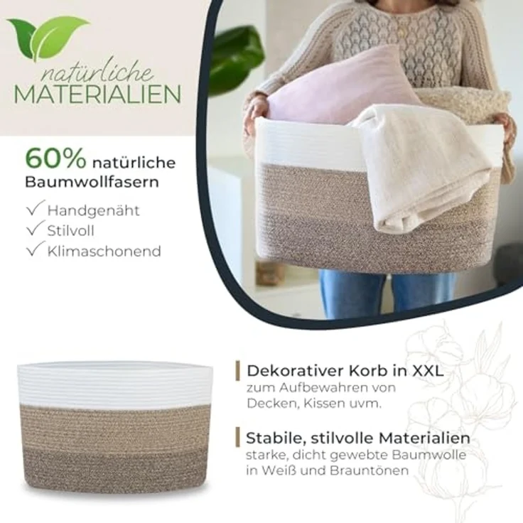 HMF Aufbewahrungskorb XXL Wäschekorb aus Baumwolle, 71 Liter, eckiger Aufbewahrungskorb mit Griffmulden, 55 x 43 x 30 cm, Weiß-Braun – Bild 2