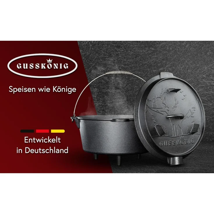 Dutch Oven 12 l mit Füßen – eingebrannt & sofort einsatzbereit, inkl. 2in1 Deckelheber, Reinigungsbürste, Rezeptbuch & Pflegeanleitung – Bild 4