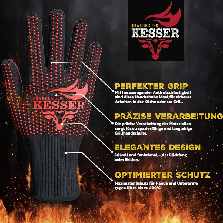 KESSER® Grillhandschuhe hitzebeständig bis 500 °C, Atmungsaktiv & mit rutschfestem Griff, Aramid-Gewebe, Maschinenwaschbar, Schwarz / Rot, M-L – Bild 6
