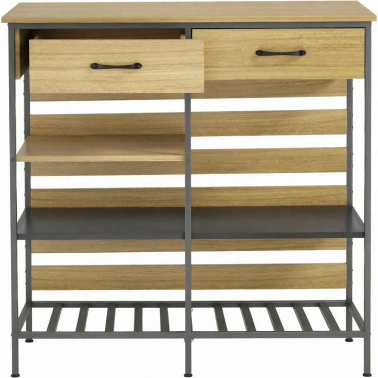 Küchenbuffet 90x40x91 cm mit 2 Schubladen und 3 offenen Ablagen – Natur und Schwarz – Bild 4
