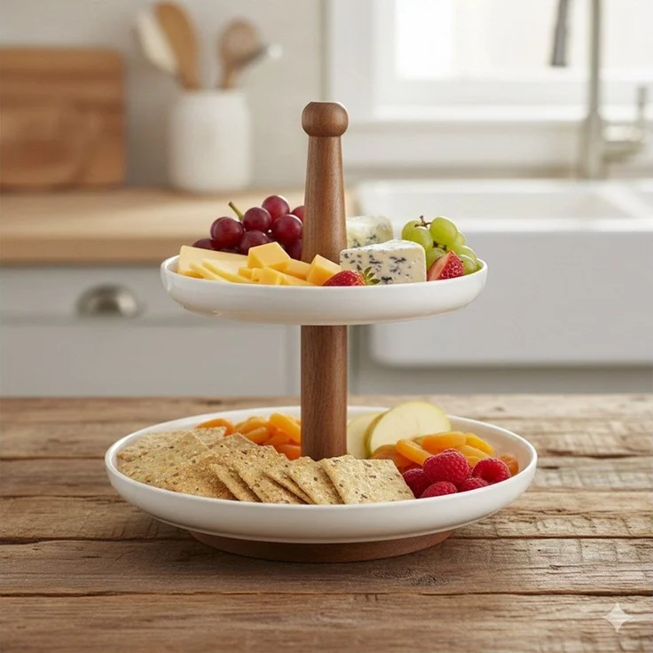 Bambus Etagere mit 2 Keramiktellern - Servierständer für Kuchen, Muffins & Snacks – Bild 2