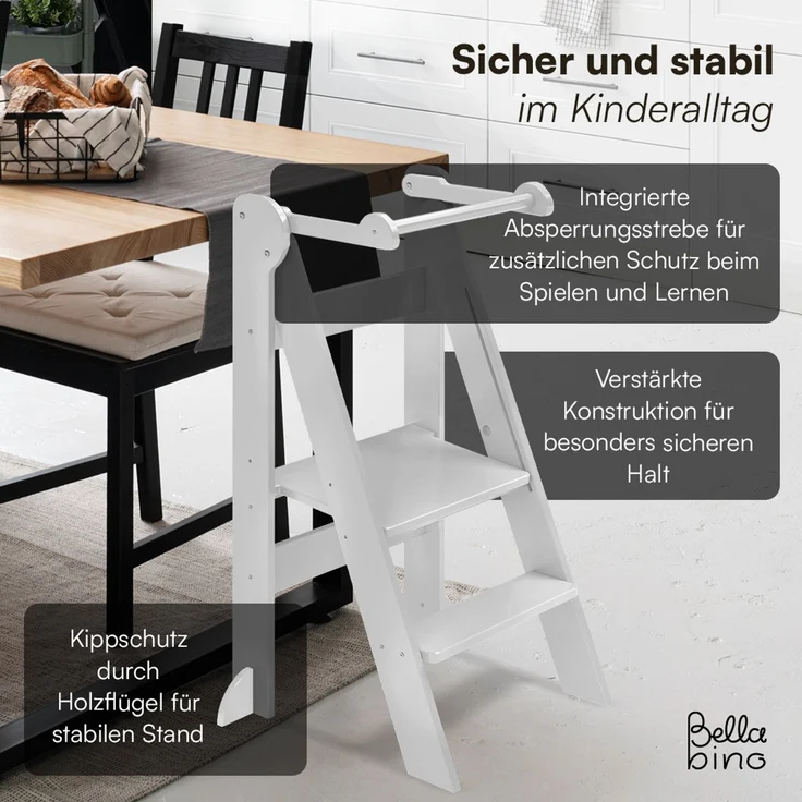 Bellabino 'Tay' Lernturm für Kinder ab 1 Jahr, Tritt 2-fach höhenverstellbar, weiß, Birke Sperrholz, klappbar, Tritthocker bis 50 kg belastbar – Bild 6
