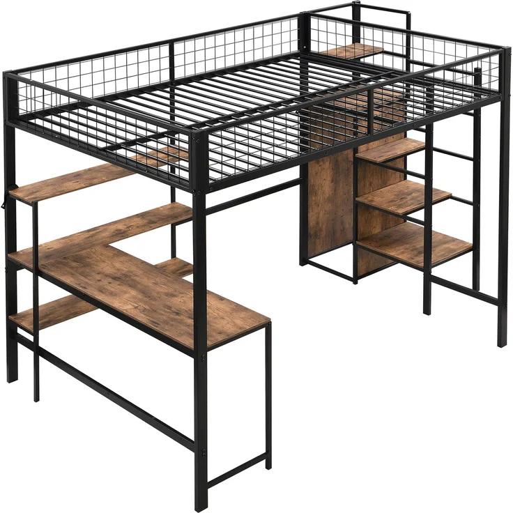 EINHOM Hochbett, 140 x 200 cm, Eisenbett, Ablageleiter, Mehrere Regale, Einbauschrank, Schreibtisch, Schwarz (Ohne Matratze) – Bild 6