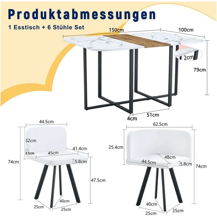 ANYSUN Essgruppe Esstisch-Set,Esstisch mit 6 Stühlen, für 4-6 Personen, (Set, 7-tlg,Tisch mit Holzmaserung-Oberfläche & schwarzem Metallgestell, Tisch mit 6 Stühlen), Esszimmerstuhl,rechteckig Küchentisch,ideal für Küche & Wohnzimmer – Bild 4