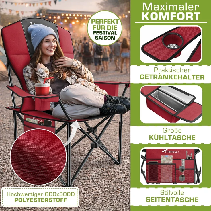TRESKO® Campingstuhl Faltbar bis 200kg | Faltstuhl mit Kühltasche, Getränkehalter & Seitentasche | Klappstuhl XXL inkl. Tragetasche | Angelstuhl gepolstert für Outdoor, Angeln, Festival & Garten – Bild 5