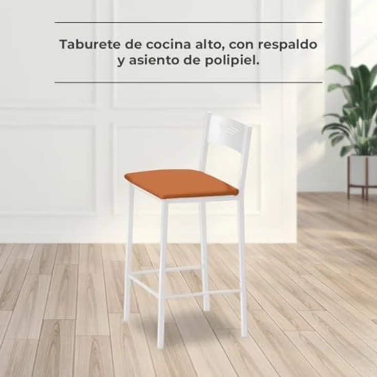 ASTIMESA - Hohe Küchenhocker mit Rückenlehne - Weißes Gestell und Sitzfläche aus Kunstleder - Farbe des Sitzes: Orange. Lieferumfang: 1 Stück, Maße: 90 cm (Gesamthöhe) – Bild 2