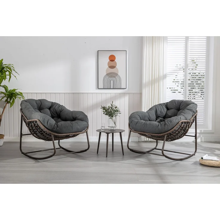 Schaukelstuhl 78x106x90 cm mit Polster, handgeflochtenem Polyrattan, Dunkelgrau – Bild 2